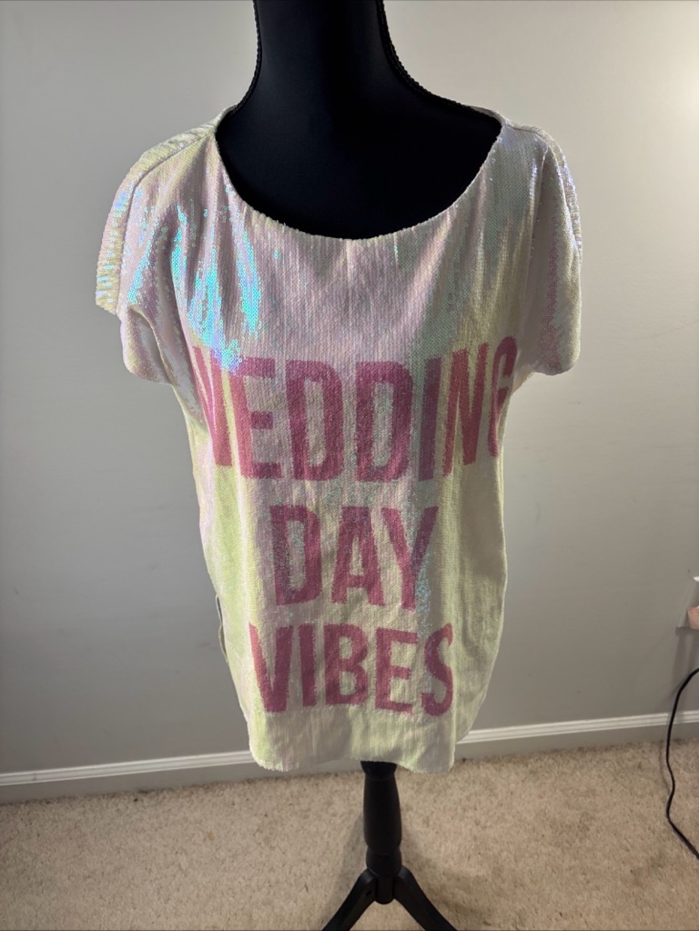 Wedding Day Vibes Sequin Short Sleeve Tee - Pink on Iridescent White /399